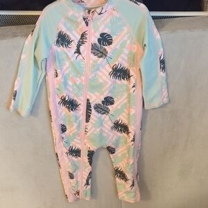 Kids One-Piece Zip Rash Guard Swimsuit - Pastel Pink & Mint